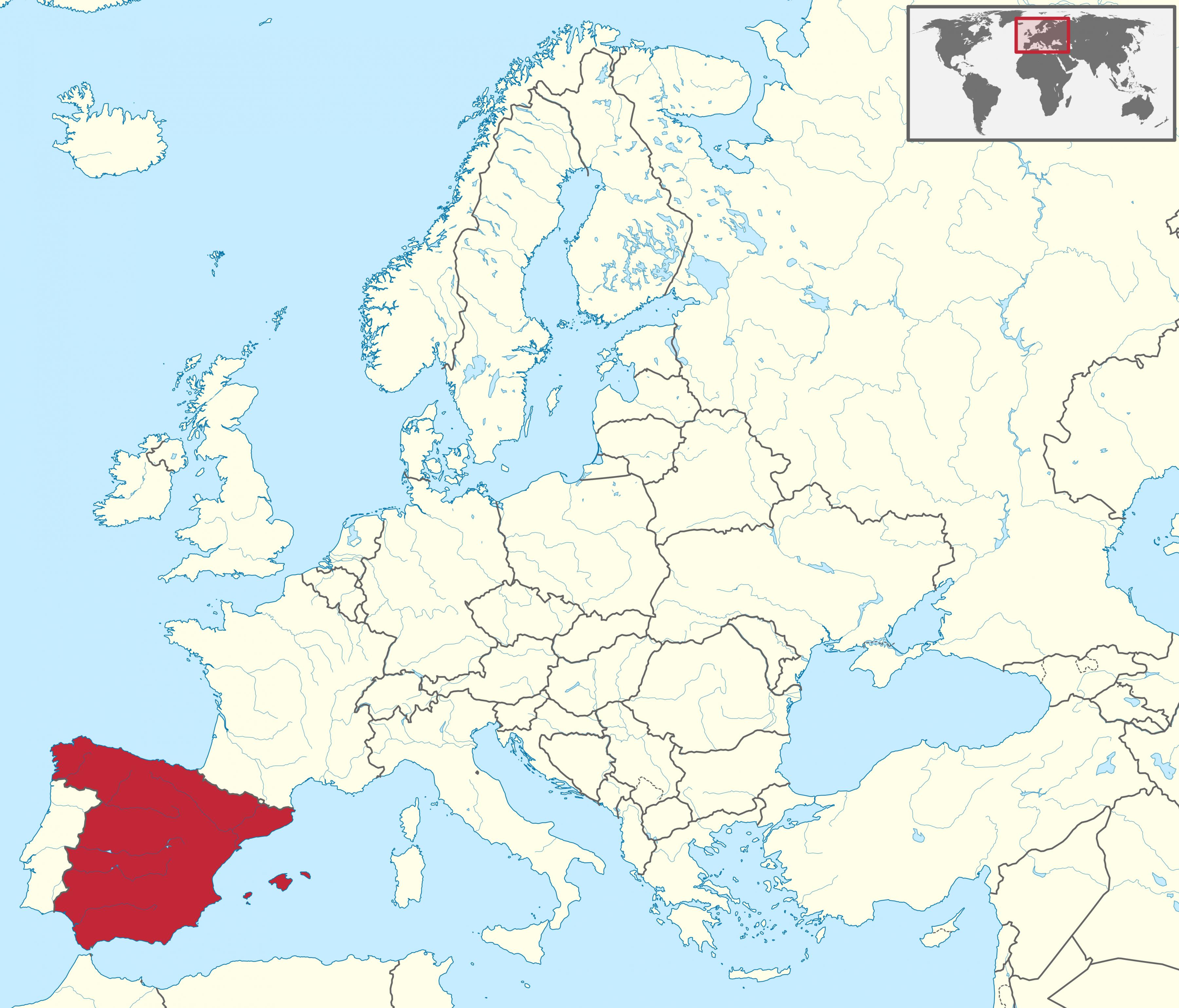 世界地図上のスペイン 周辺国とヨーロッパの地図上の位置